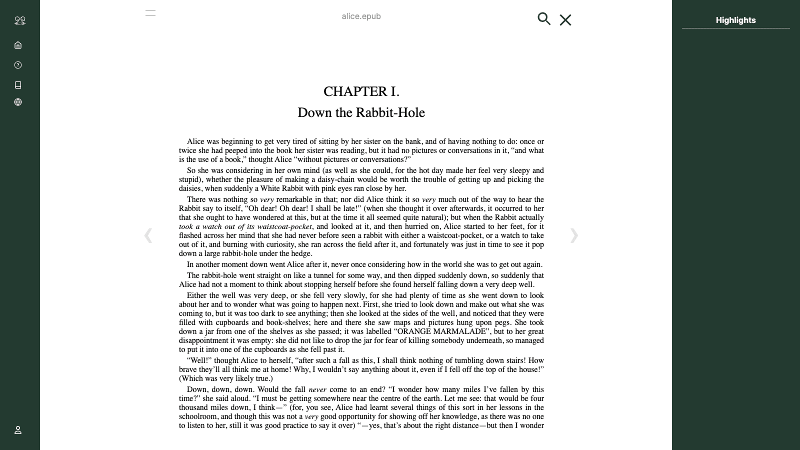 Bookize online reader with Alice in Wonderland open at chapter one
