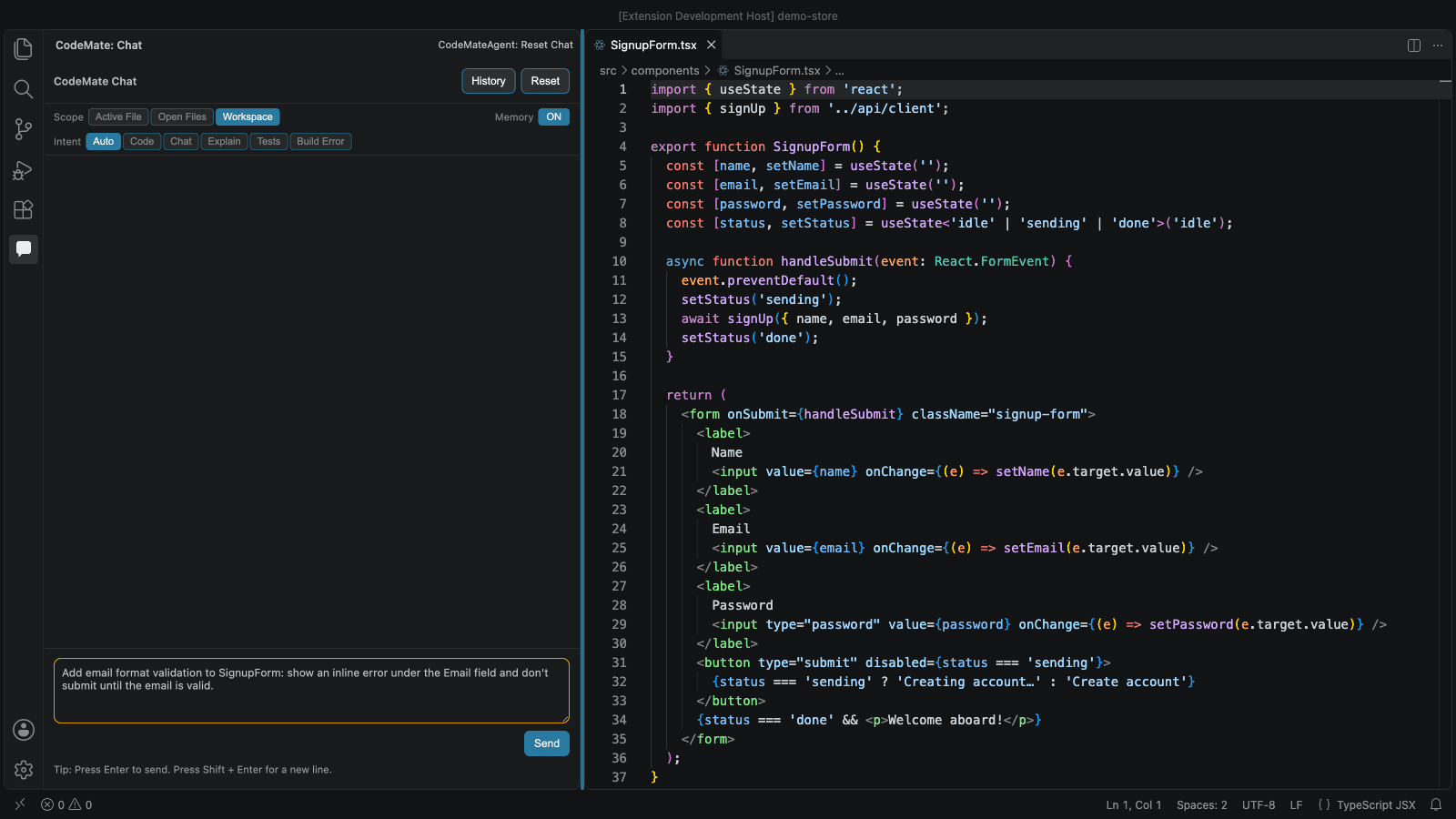CodeMate Agent chat panel in VS Code with context scope and intent controls and a task ready to send