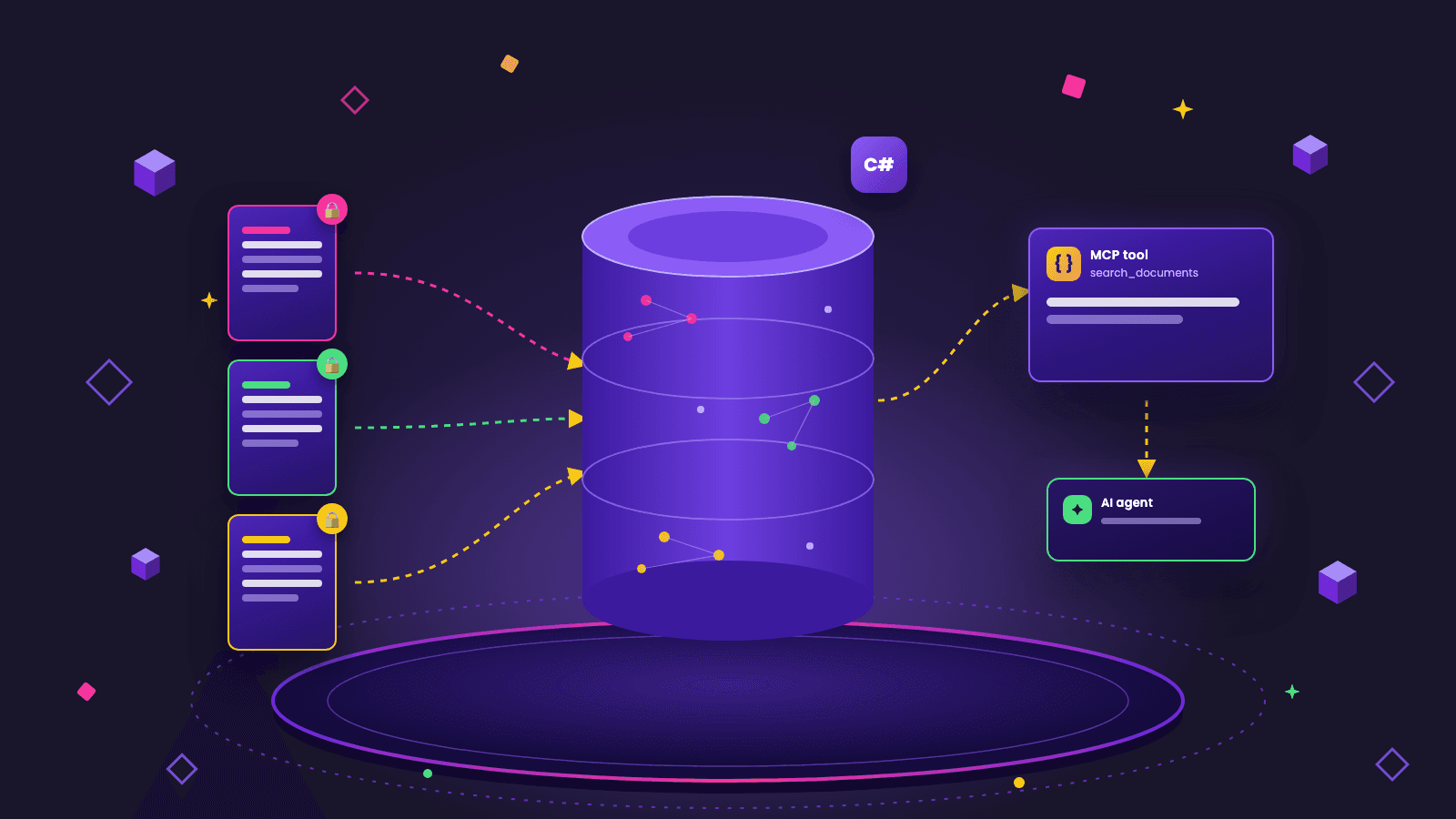 an illustrated cover: tenant documents → vector database → MCP tool → AI agent