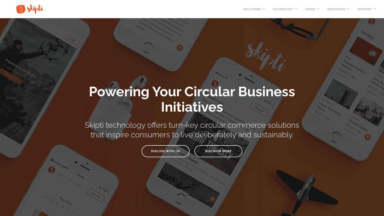 Skipti landing page presenting its circular commerce platform for rentals and delivery