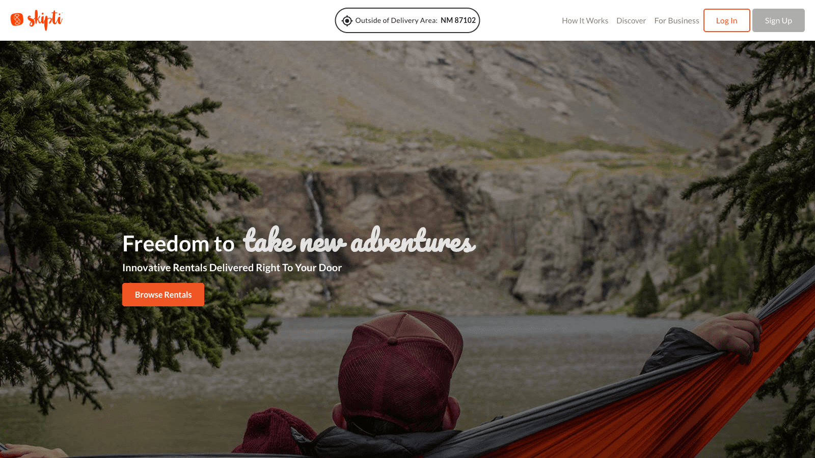 Skipti rental marketplace home page offering rentals delivered to your door