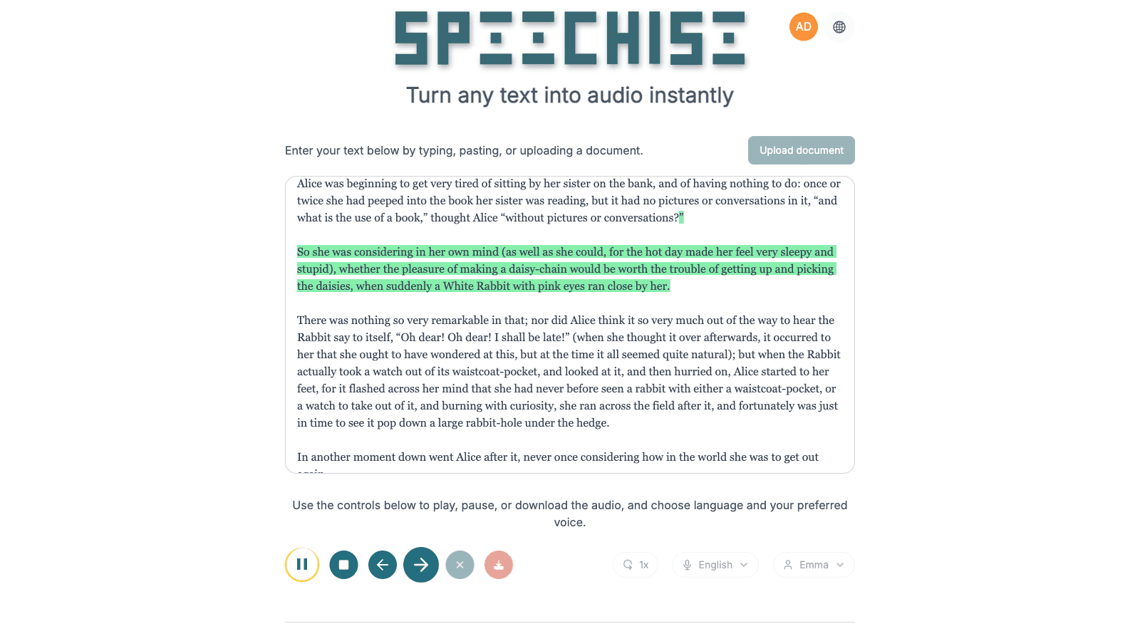 Speechise text-to-speech editor for turning any text into audio